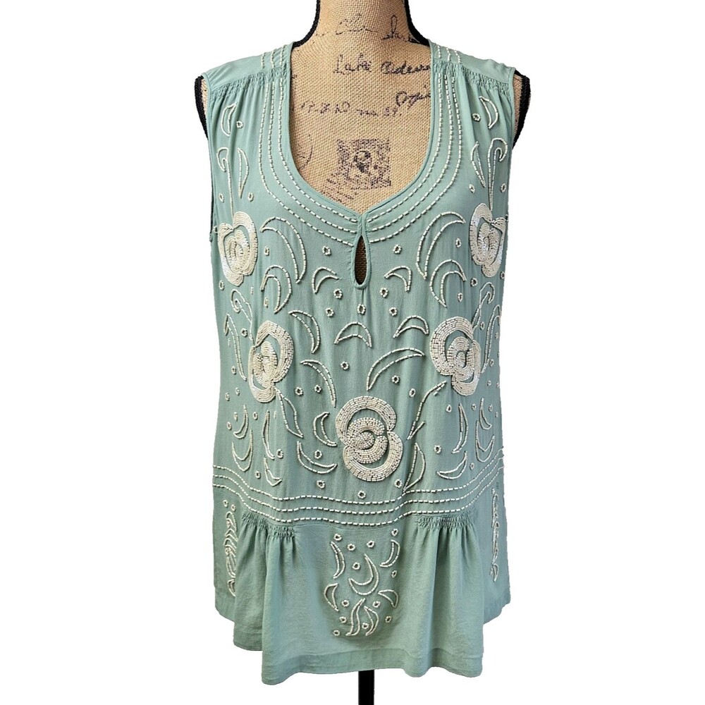 French Connection Women's Green Beaded 100% Silk Sleeveless Blouse Top Sz 8